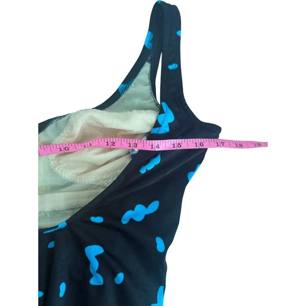Vintage Maxine of Hollywood Swimsuit Size 14 Black Turquoise Ruched One Piece